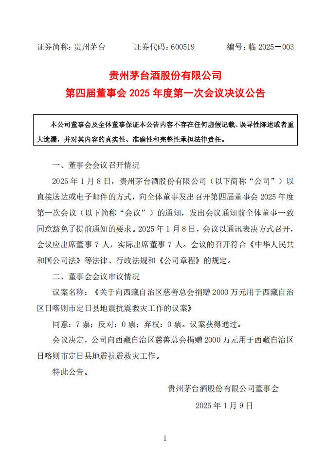 茅台向西藏日喀则市定日县捐赠2200万元,用于抗震救灾